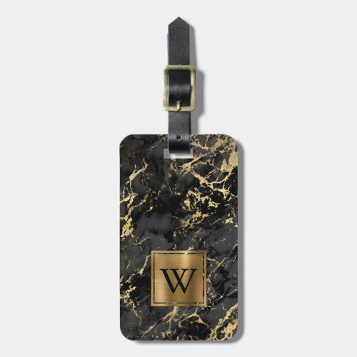 Elegant Black Gold Marble Monogram Vertical Luggage Tag
