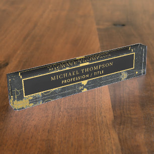 Elegant Black Gold Marble Personalized Name Desk Name Plate