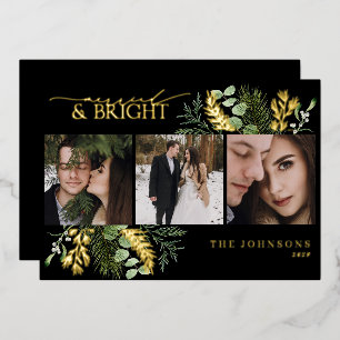 Elegant Black Gold Married & Bright Christmas  Foil Holiday Card