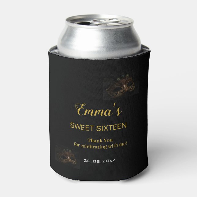 Elegant Black & Gold Masquerade Mask Sweet 16  Can Cooler (Can Front)
