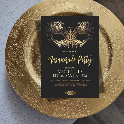 Elegant Black Gold Masquerade Party Birthday Invitation