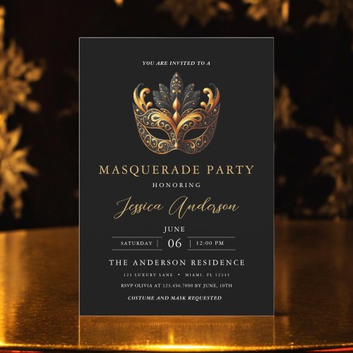 Elegant Black Gold Masquerade Party Birthday Invitation Elegant Black Gold Masquerade Party Birthday Invitation