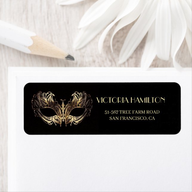 Elegant Black Gold Masquerade Party Birthday Label (Insitu)