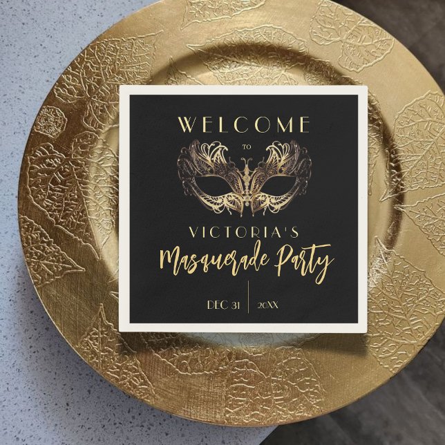 Elegant Black Gold Masquerade Party Birthday Napkins (Creator Uploaded)