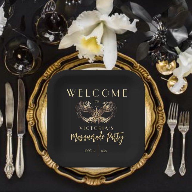 Elegant Black Gold Masquerade Party Birthday Paper Plates (Creator Uploaded)