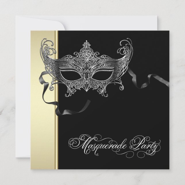 Elegant Black Gold Masquerade Party Invitations (Front)