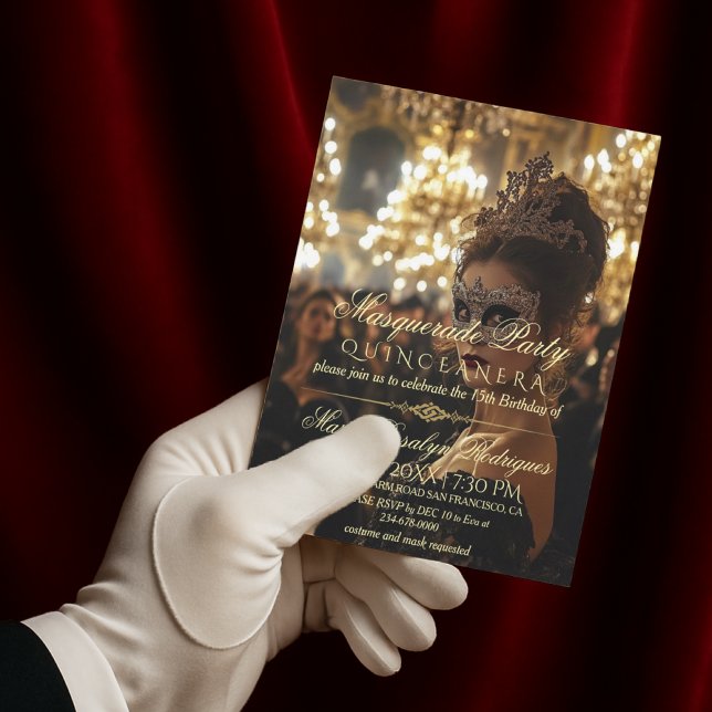 Elegant Black Gold Masquerade Quinceanera Photo Invitation (Creator Uploaded)
