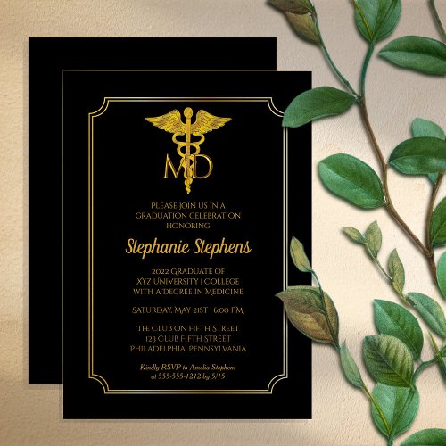 Elegant Black  Gold MD Physician Graduation Party Invitation