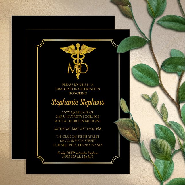 Elegant Black | Gold MD Physician Graduation Party Invitation (Elegant Black and Gold Tone "MD" Physician | Doctor Graduation Party Invitation - Print | Download)