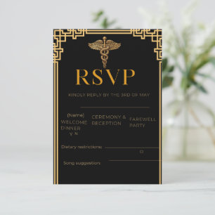 Elegant Black & Gold Medical RSVP Card with Caduce