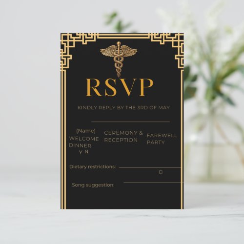 Elegant Black & Gold Medical RSVP Card with Caduce