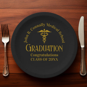 Elegant Black Gold Medical School Graduation Party Paper Plates