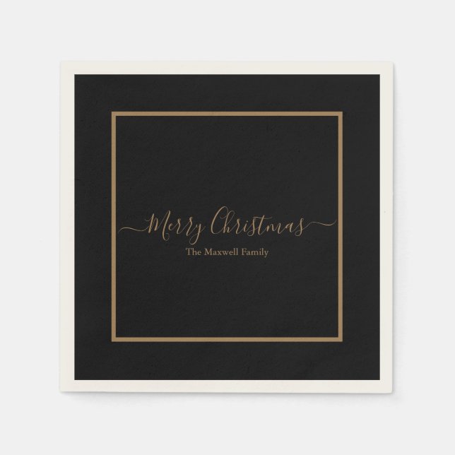 Elegant black gold Merry Christmas family name Napkins (Front)