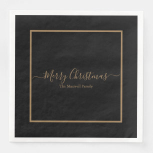 Elegant black gold Merry Christmas family name Paper Dinner Napkins