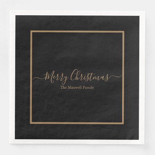 Elegant black gold Merry Christmas family name Paper Dinner Napkins