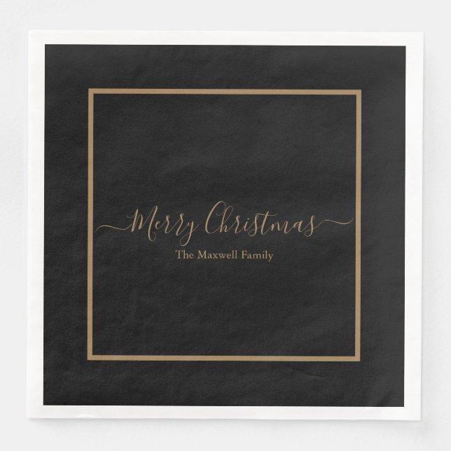 Elegant black gold Merry Christmas family name Paper Dinner Napkins (Front)