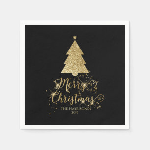 Elegant Black Gold Merry Christmas Sparkle Napkins
