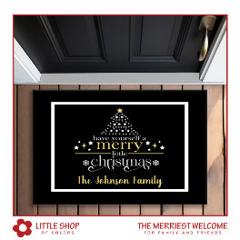 Elegant Black Gold Merry Little Christmas Monogram Doormat