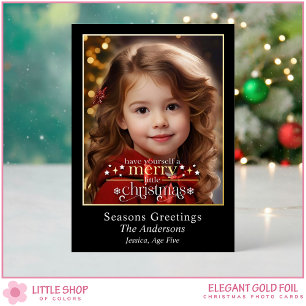 Elegant Black Gold Merry Little Christmas Photo Foil Holiday Card