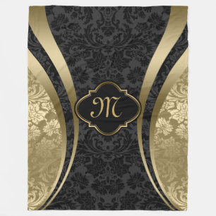 Elegant Black & Gold Metallic Floral Damasks Fleece Blanket