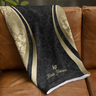 Elegant Black & Gold Metallic Floral Damasks Fleece Blanket