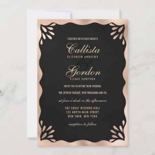 Elegant Black Gold Metallic Wavy Border Wedding Invitation