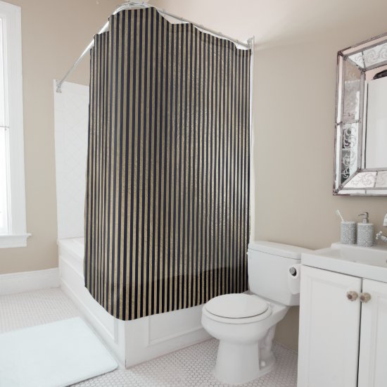Elegant Black Gold Minimal Stripes Lines Shower Curtain