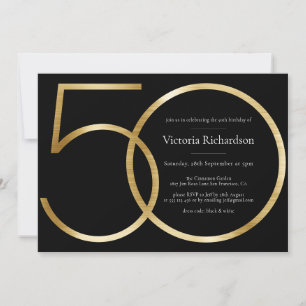 Elegant Black Gold Minimalist 50th Birthday Invitation