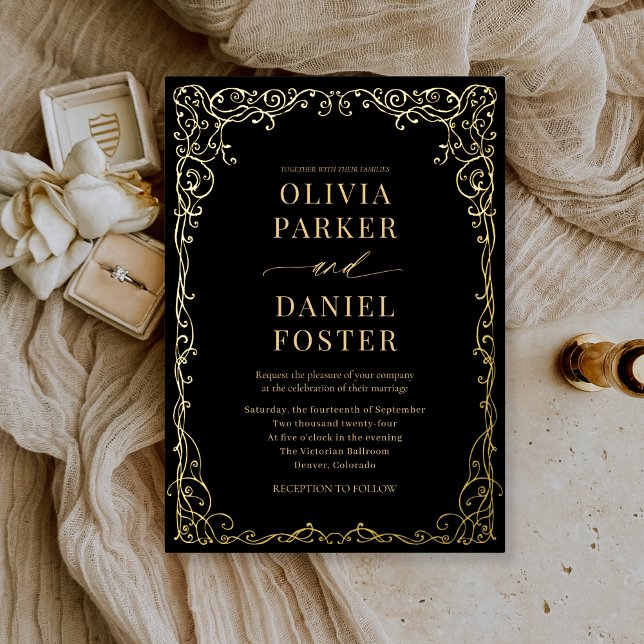 Elegant Black Gold Minimalist Wedding Foil Invitation (Creator Uploaded)