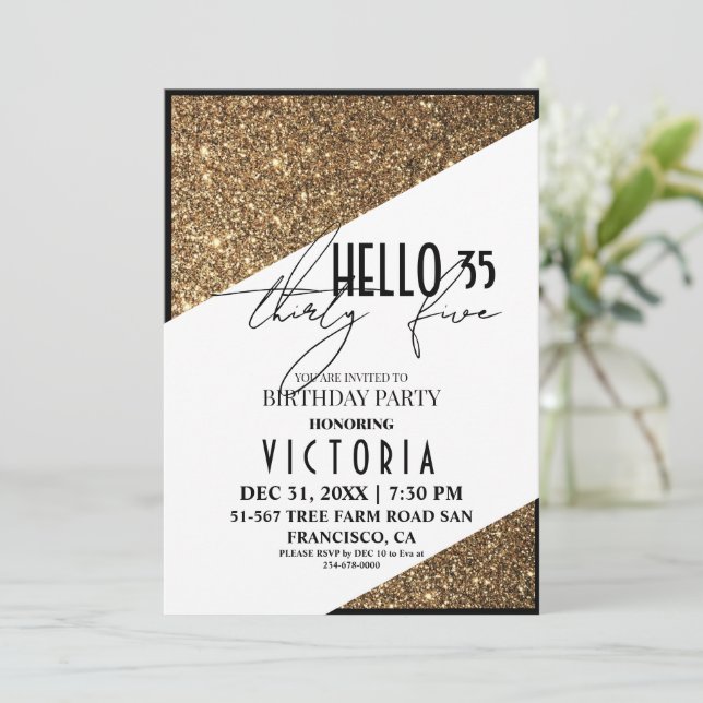 Elegant Black Gold Modern Birthday Party Invitation (Standing Front)