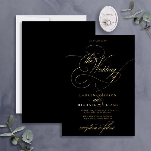 Elegant Black Gold Modern Calligraphy Wedding Foil Foil Invitation