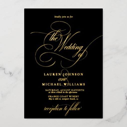 Elegant Black Gold Modern Calligraphy Wedding Foil Foil Invitation | Zazzle