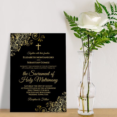 Elegant Black  Gold Modern Catholic Wedding Invitation