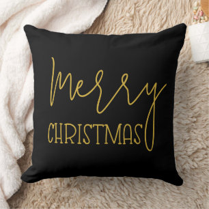 Elegant Black Gold Modern Minimal Merry Christmas Throw Pillow