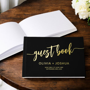Elegant Black Gold Modern Minimalist Script Foil Guest Book
