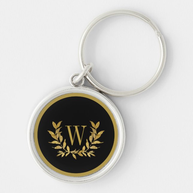 Elegant Black Gold Modern Monogram Chic Keychain (Front)
