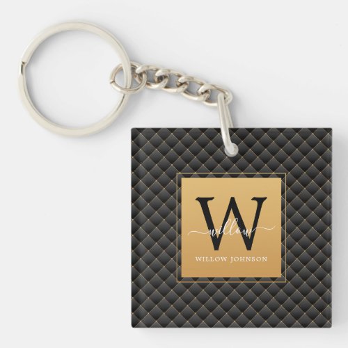 Elegant Black Gold Modern Monogram Initial Script Keychain