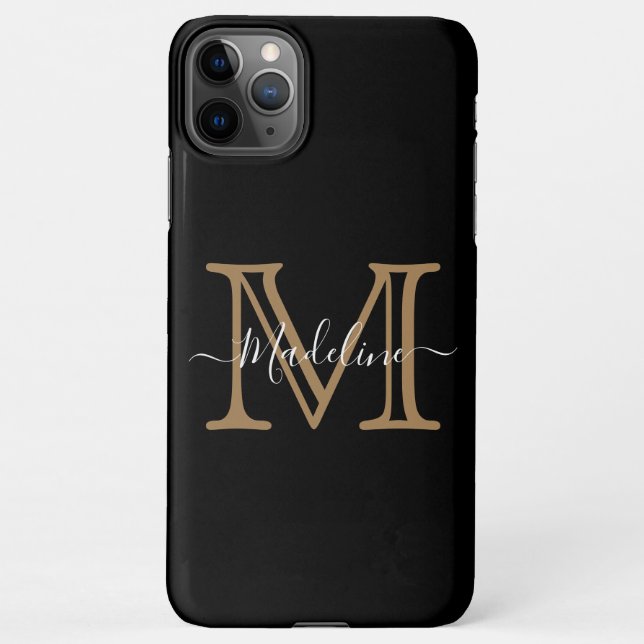 Elegant Black Gold Modern Monogram iPhone Case (Back)
