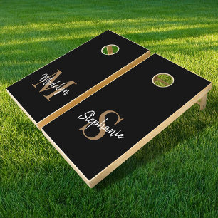 Elegant Black Gold Modern Monogram Script Name Cornhole Set