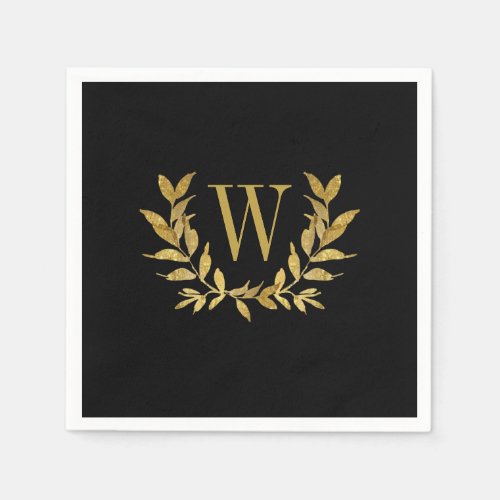 Elegant Black Gold Modern Monogram Wedding Napkins