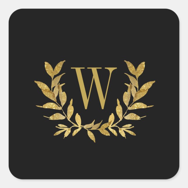 Elegant Black Gold Modern Monogram Wedding Square Sticker (Front)