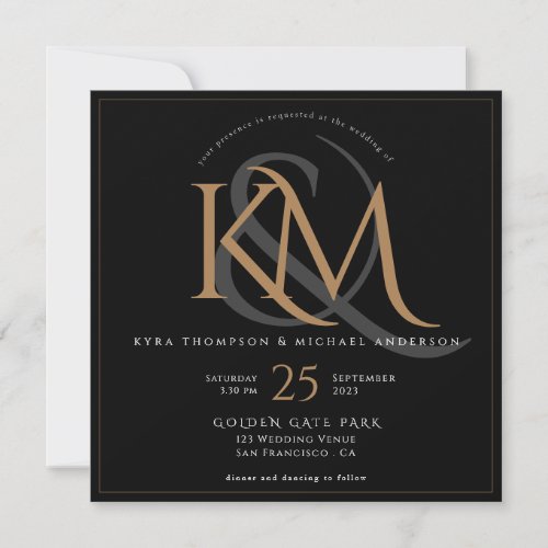 Elegant Black Gold Modern Script Monogram Wedding  Invitation