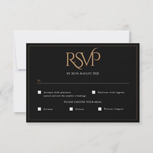 Elegant Black Gold Modern Script Monogram Wedding RSVP Card