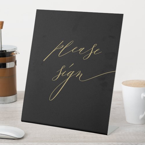 Elegant Black Gold Modern Script Wedding Guestbook Pedestal Sign