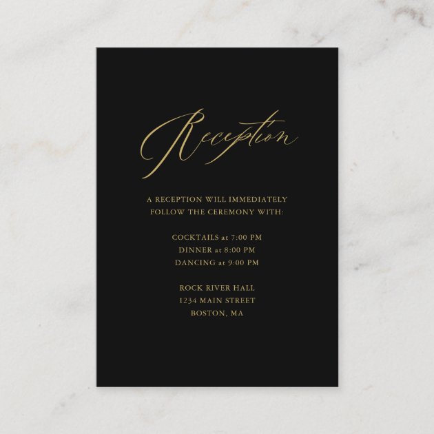 Elegant Black Gold Modern Script Wedding Reception Enclosure Card | Zazzle