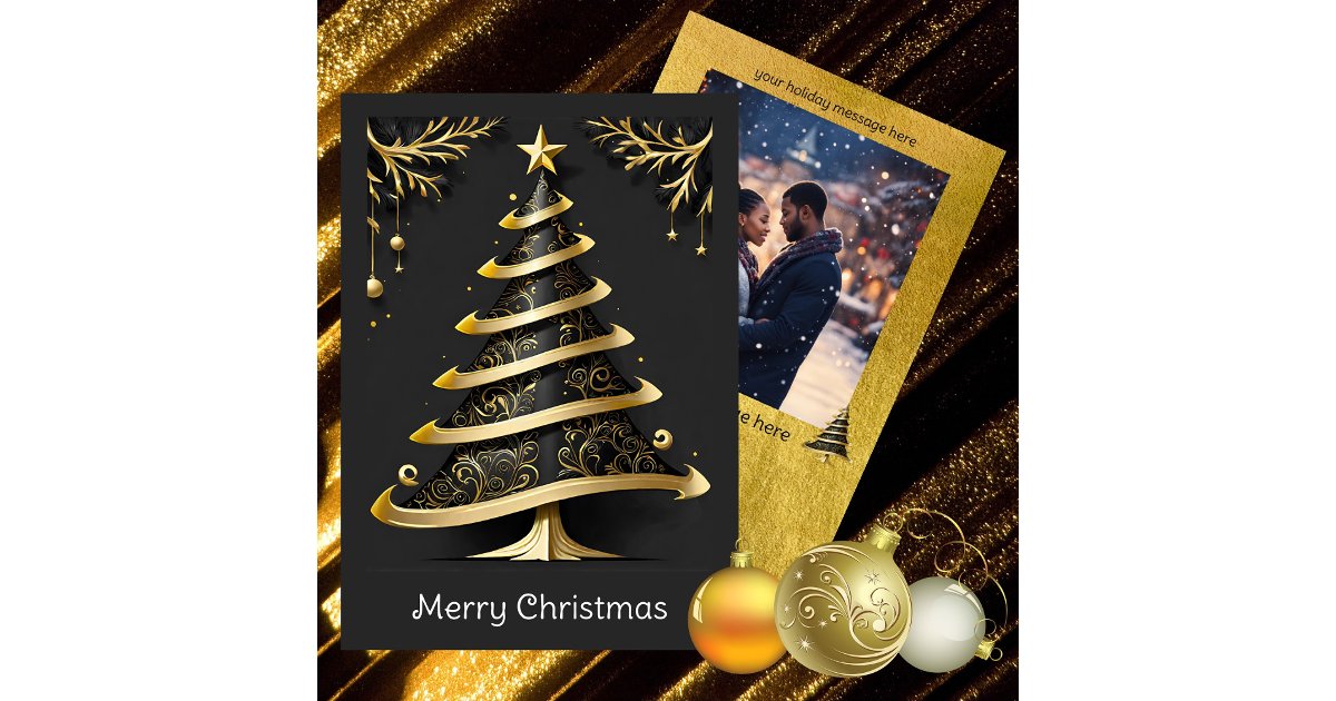 Elegant Black Gold Modern Tree | Photo Christmas Holiday Card | Zazzle