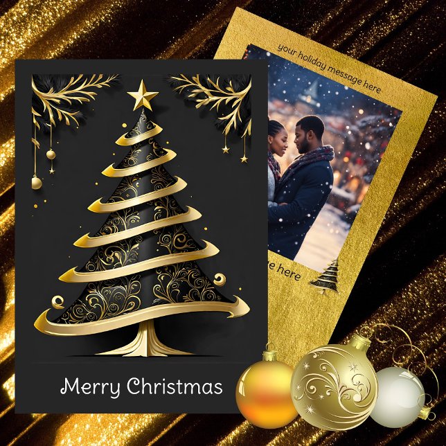 Elegant Black Gold Modern Tree | Photo Christmas Holiday Card (Ring in the Season with Glam - Black and Gold Combo Modern Christmas Tree Rendition)