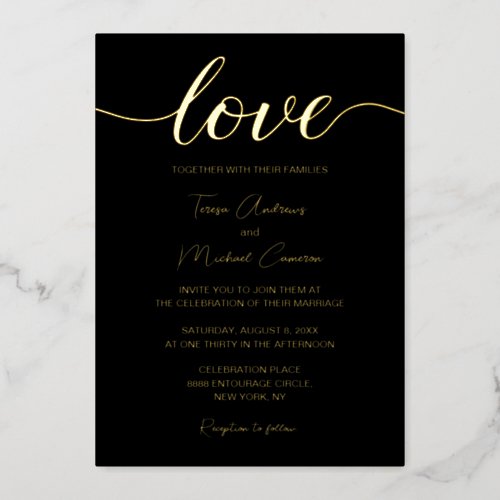 Elegant Black Gold Modern Typography Love script Foil Invitation