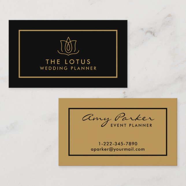 Elegant Black Gold Modern Wedding Planner Business Card (Front/Back)