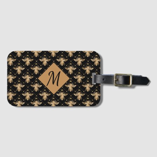 Elegant Black Gold Monogram Bee Luggage Tag